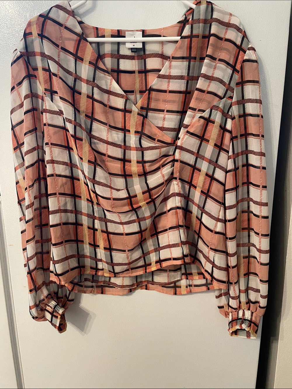 CAbi Medium Peach Plaid Drape‎ Neck Long-Sleeve Blouse